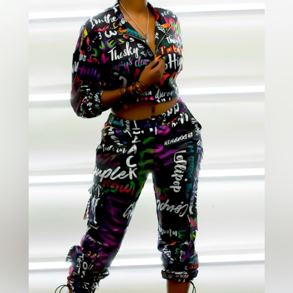 3 piece graffiti crop top jumpsuit